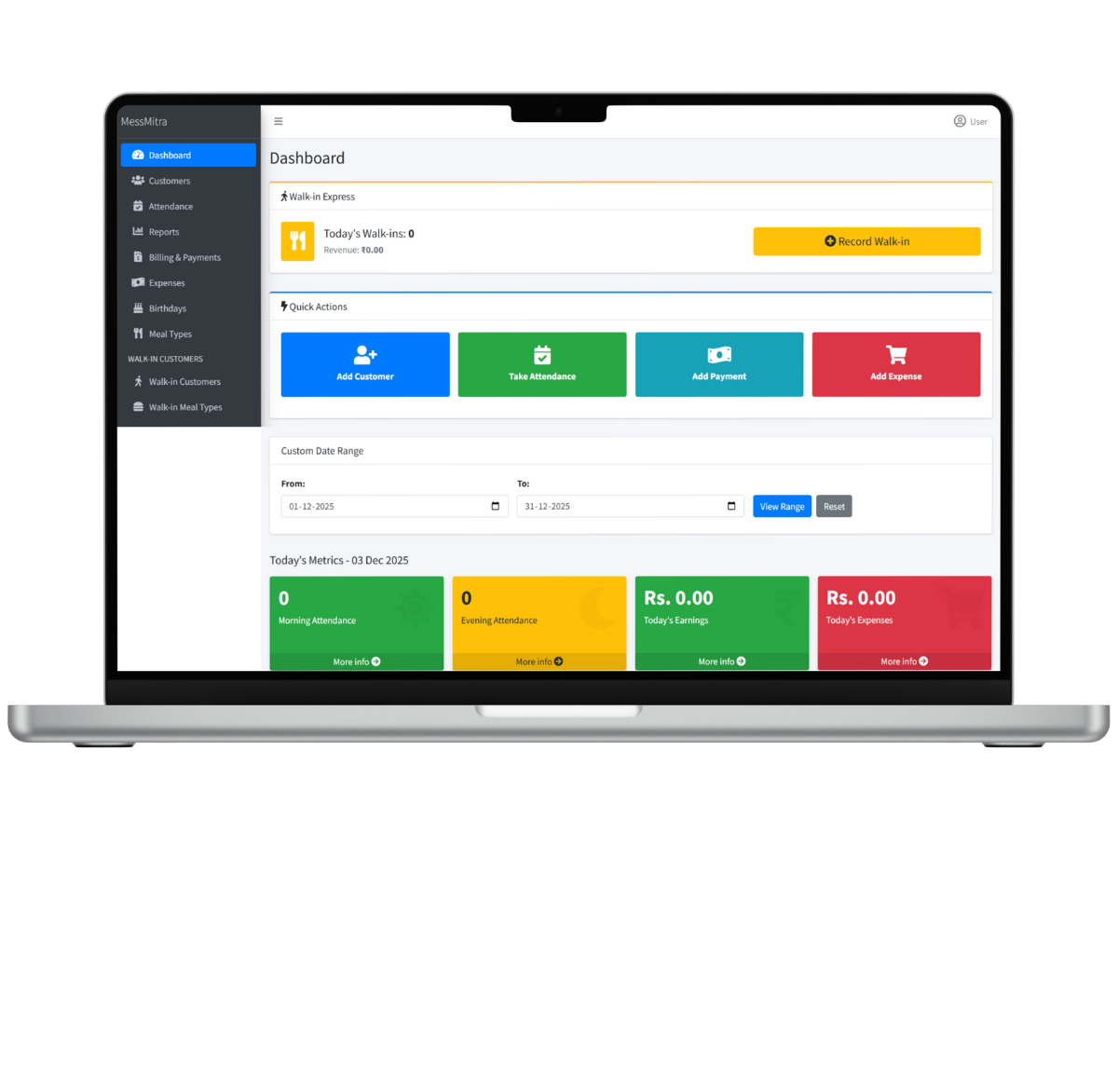 Mess Management System Dashboard View